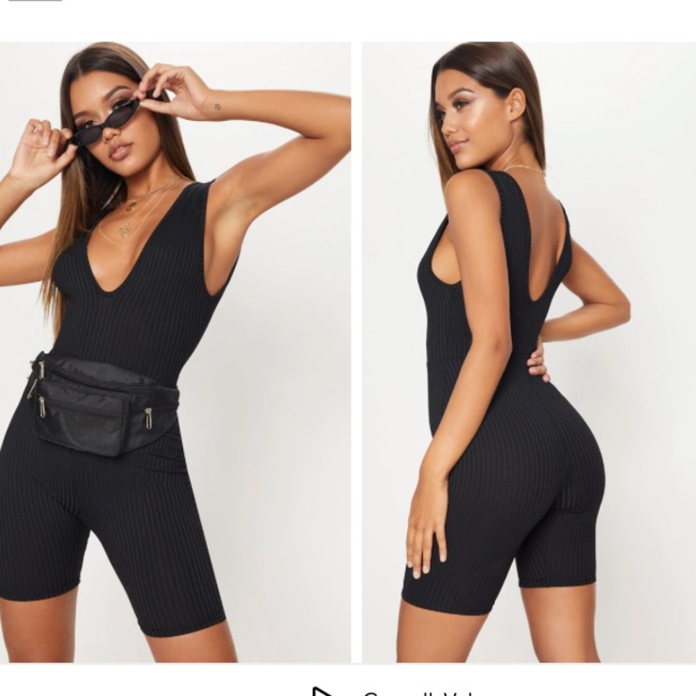 Black Ribbed Plunge Sleeveless Romper